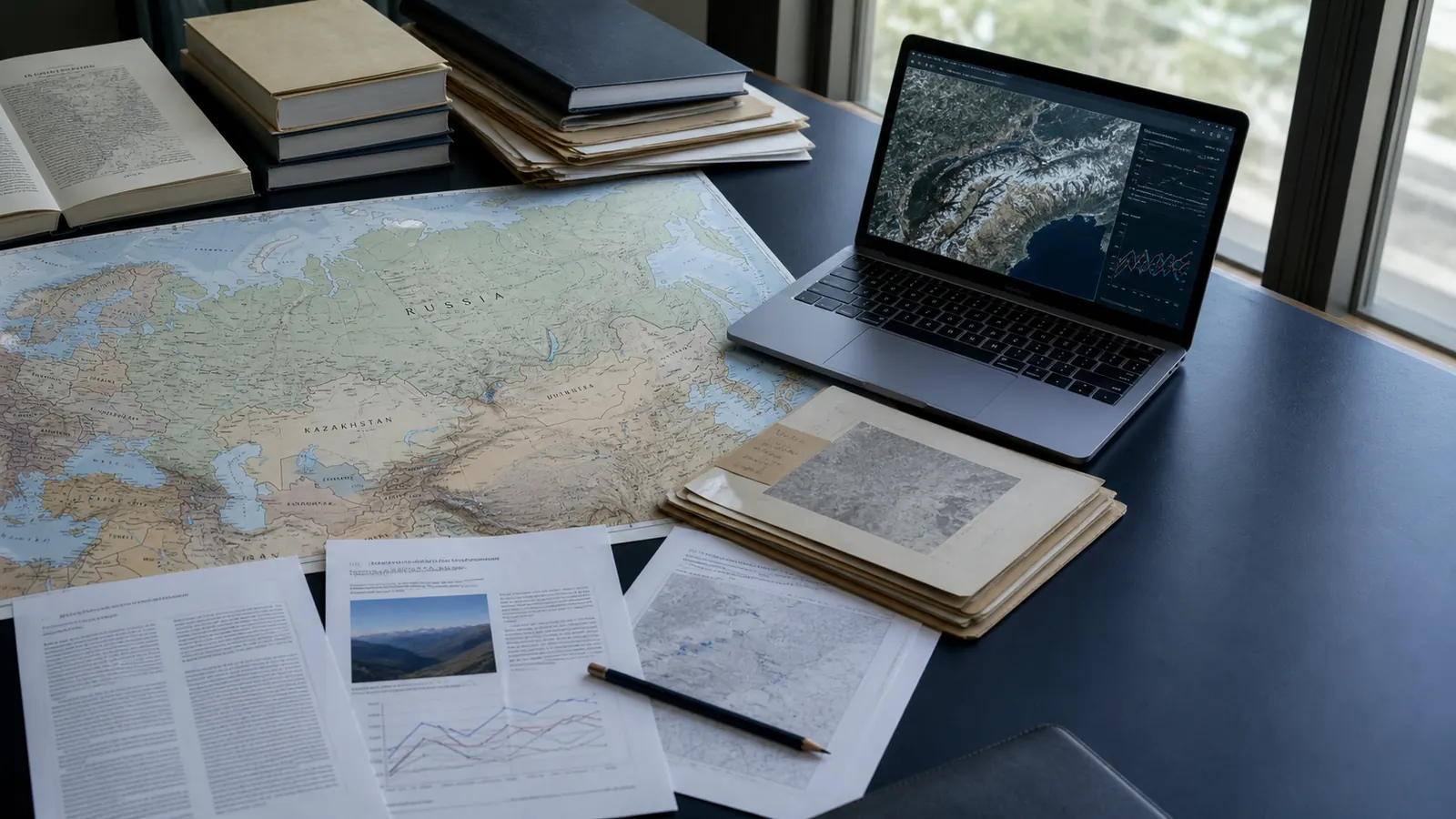 Eurasian research desk with a regional map, policy briefs and satellite analysis