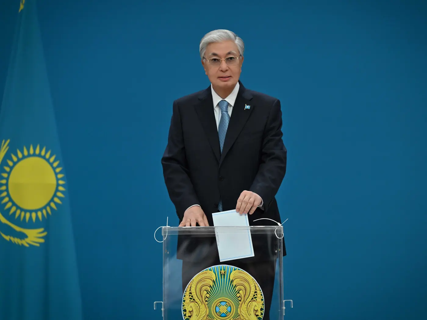Kazakh President Kassym-Jomart Tokayev votes in the Kurultai election on August 23.
